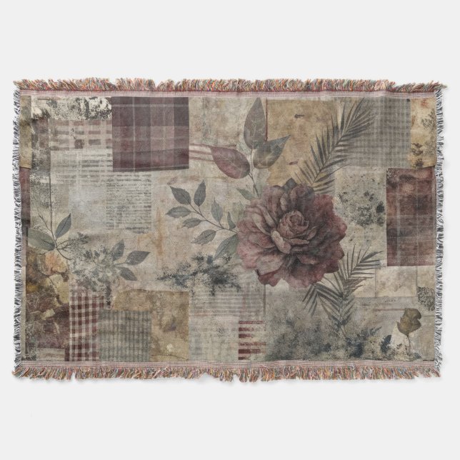 Dunkle Cottage-Blumen-Patchwork - Burgund & Holzko Decke (Vorderseite)