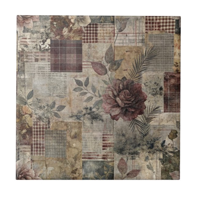 Dunkle Cottage-Blumenpatchwork - Burgunderrot & Ho Fliese (Vorderseite)