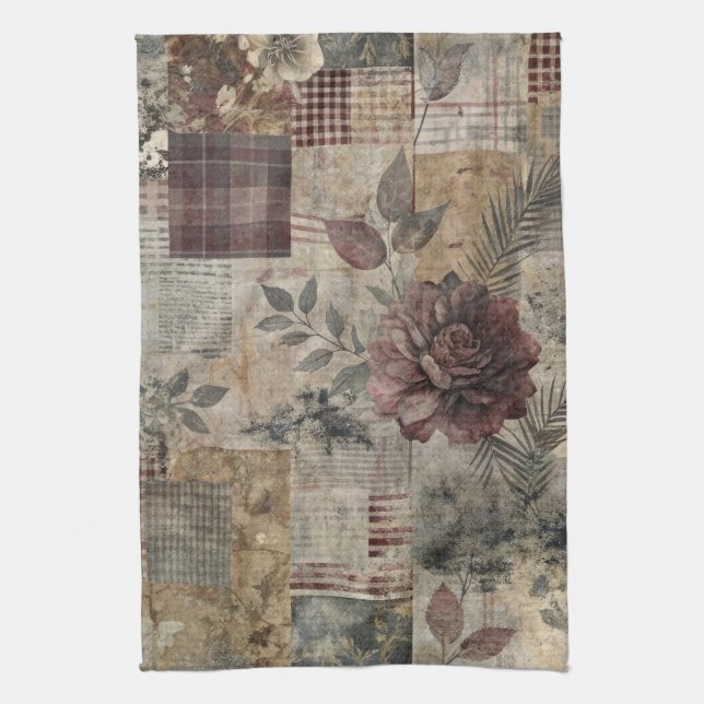 Dunkle Cottage-Blumenpatchwork - Burgunderrot & Ho Geschirrtuch (Vertikal)