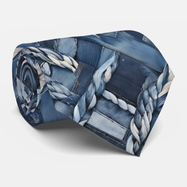 Dunkle denim-reparatur-patchwork-und-zöpfe krawatte (Gerollt)