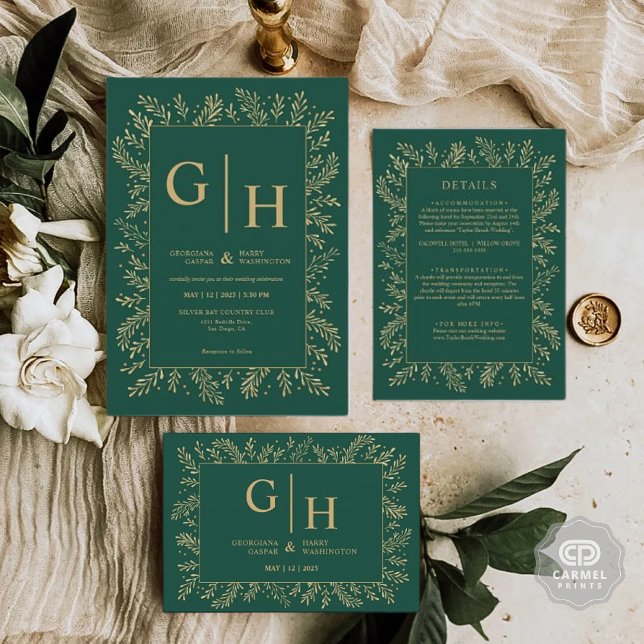 Dunkle Dschungelgrün-goldene Leaf-Grenz-Blumenhoch Einladung (Dark Jungle Green Gold Leaf Border Floral Wedding Invitation)