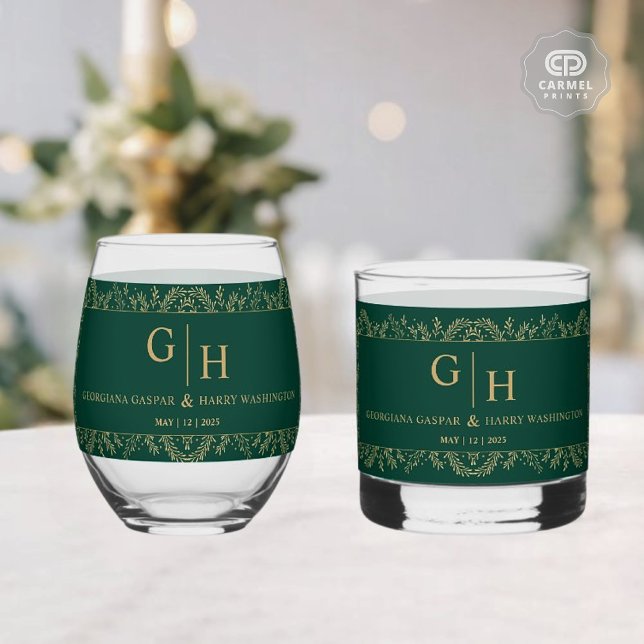 Dunkle Dschungelgrün-goldene Leaf-Grenz-Blumenhoch Whiskyglas (Dark Jungle Green Gold Leaf Border Floral Wedding Whiskey Glass)