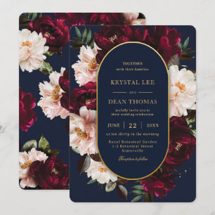 Dunkle, düstere Burgunder-Rosa-Navy-Blau-Floral-Ho Einladung