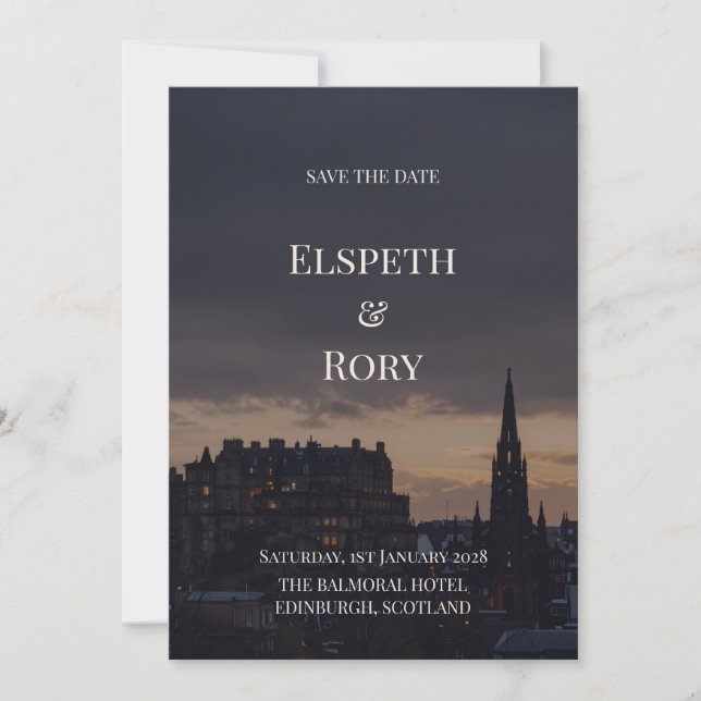 Dunkle Edinburgh-Skyline Save-the-Date-Karte | Got Save The Date (Vorderseite)