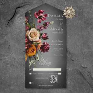 Dunkle Elegant Blur Autumn Floral Wedding QR Code All In One Einladung