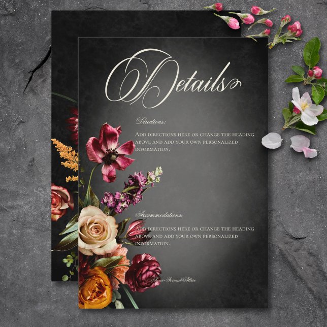 Dunkle Elegant Blur Herbst Blumenzwiebeldetails Begleitkarte (Dark Elegant Blur Autumn Floral Wedding Details Enclosure Card)