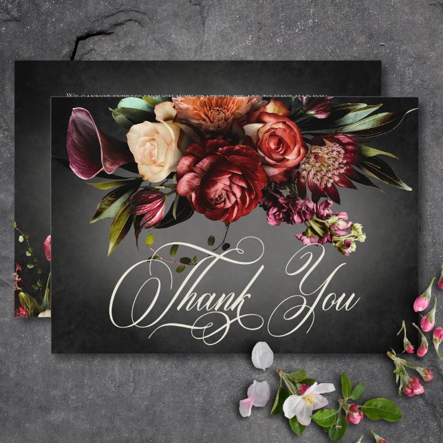 Dunkle Elegant Blur Herbstblütenhochzeit Dankeskarte (Dark Elegant Blur Autumn Floral Wedding Thank You Card)