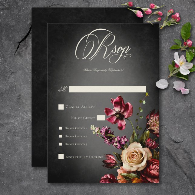 Dunkle Elegant Blur Herbstflorale Hochzeitsessen RSVP Karte (Dark Elegant Blur Autumn Floral Wedding Dinner RSVP Card)