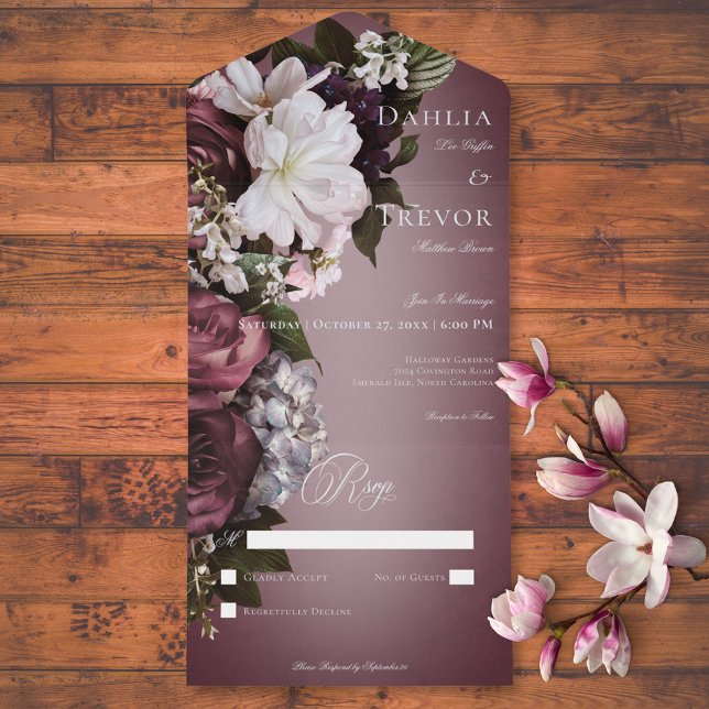 Dunkle Elegant Burgund Creme Blur Blur Kein Abende All In One Einladung (Dark Elegant Burgundy Cream Blur Floral No Dinner All In One Invitation)