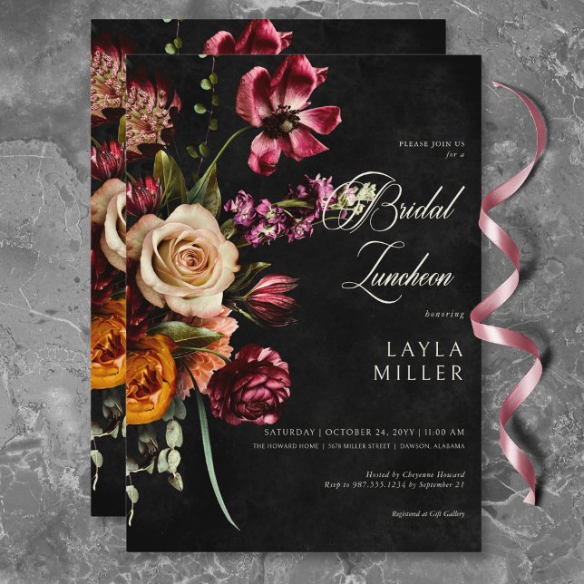 Dunkle Elegant Schwarzer Herbst Bielefeld Einladung (Dark Elegant Black Autumn Floral Bridal Luncheon Invitation)