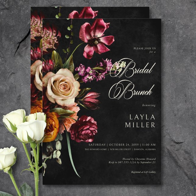 Dunkle Elegant Schwarzer Herbst Blumenbrunch Einladung (Dark Elegant Black Autumn Floral Bridal Brunch Invitation)
