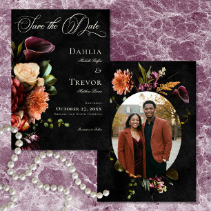 Dunkle elegante Herbst-Blumen-Foto-Hochzeit Save The Date