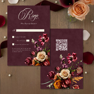 Dunkle elegante Herbst-Blumen-Hochzeit in Burgunde RSVP Karte