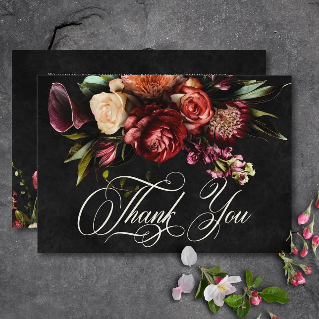 Dunkle elegante Herbstblütenhochzeit Dankeskarte (Dark Elegant Autumn Floral Wedding Thank You Card)