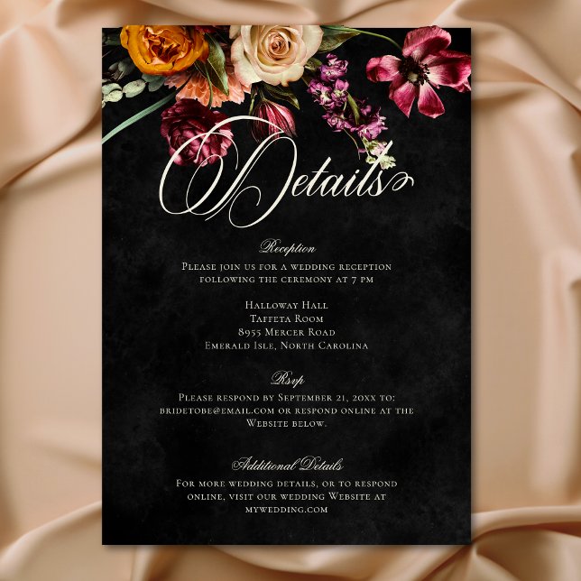 Dunkle Elegante Herbstblütenhochzeit Details Begleitkarte (Dark Elegant Autumn Floral Wedding Details Enclosure Card)