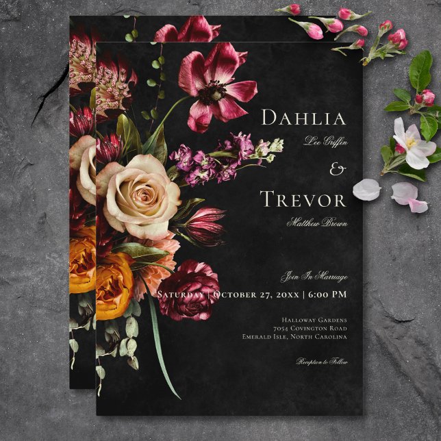 Dunkle elegante Herbstblütenhochzeit Einladung (Dark Elegant Autumn Floral Wedding Invitation)