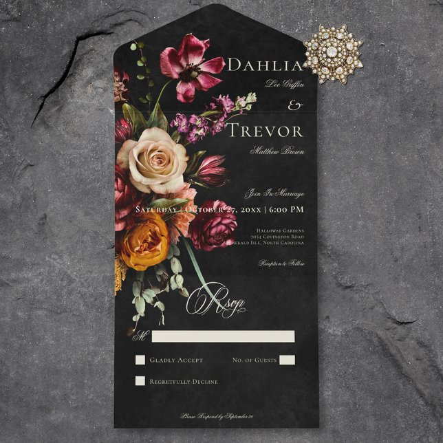 Dunkle elegante Herbstblütenhochzeit Kein Abendess All In One Einladung (Dark Elegant Autumn Floral Wedding No Dinner All In One Invitation)