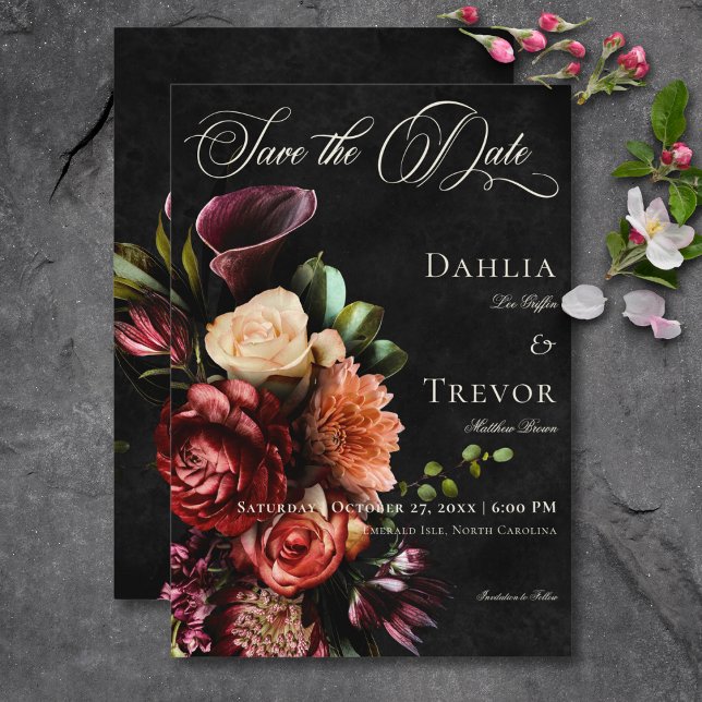 Dunkle elegante Herbstblütenhochzeit Save The Date (Dark Elegant Autumn Floral Wedding Save The Date Card)