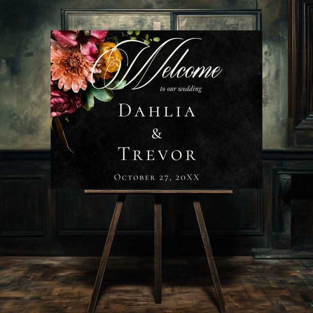 Dunkle elegante Herbstblütenhochzeit Willkommen Poster (Dark Elegant Autumn Floral Wedding Welcome Poster)