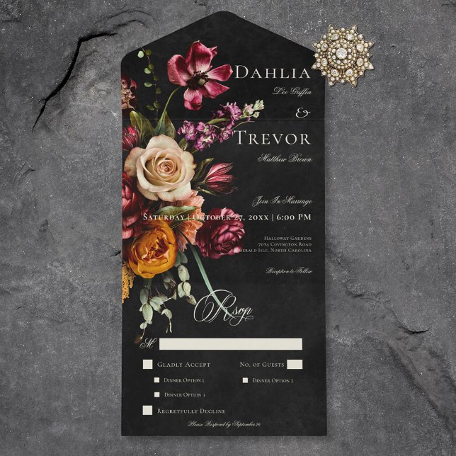 Dunkle Elegante Herbstwochenende All In One Einladung (Dark Elegant Autumn Floral Wedding Dinner All In One Invitation)