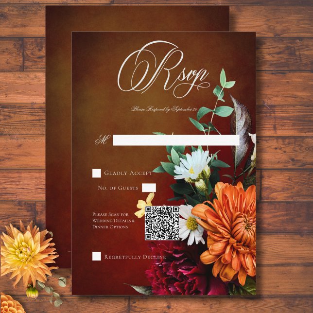 Dunkle elegante Summer Sunset Floral Wedding QR Co RSVP Karte (Dark Elegant Summer Sunset Floral Wedding QR Code RSVP Card)
