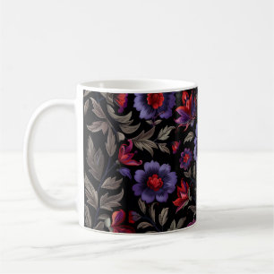Dunkle Eleganz: Schwarzes und Lila Blumenmuster Kaffeetasse