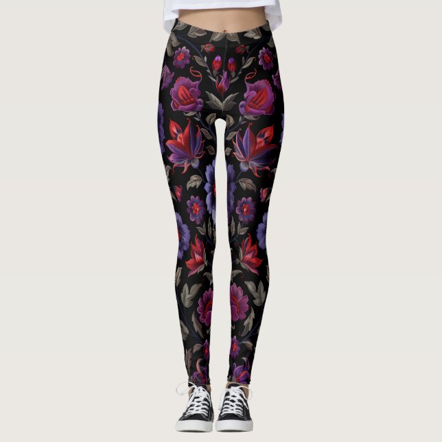 Dunkle Eleganz: Schwarzes und Lila Blumenmuster Leggings (Vorderseite)