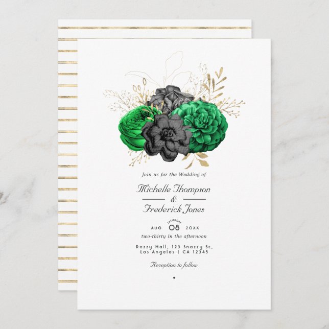 Dunkle Emerald- und Gold Floral QR Code UAWG Weddi Einladung (Vorne/Hinten)