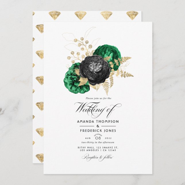 Dunkle Emerald- und Gold Floral Wedding Einladung (Vorne/Hinten)