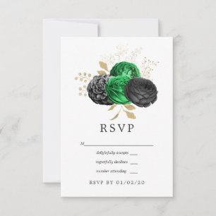 Dunkle Emerald- und Gold Floral Wedding RSVP Karte