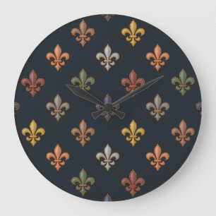 Dunkle Erde Waldlandschaft Fleur-de-lis Design  Große Wanduhr