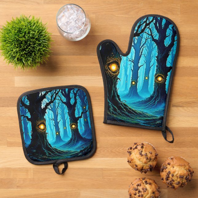 Dunkle Fantasy-Augenwald-Design Ofenhandschuh & Topflappen-Set (Oben Unten)