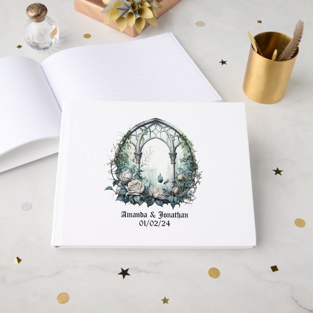 Dunkle Fantasy Castle Gotische Hochzeit Gästebuch (Vorderseite Offen)
