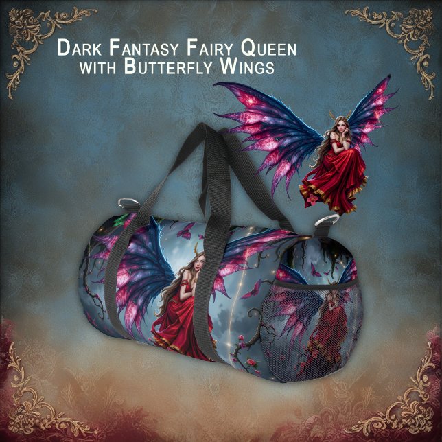 Dunkle Fantasy Fee Königin mit Schmetterlingsflüge Duffle Bag (Von Creator hochgeladen)
