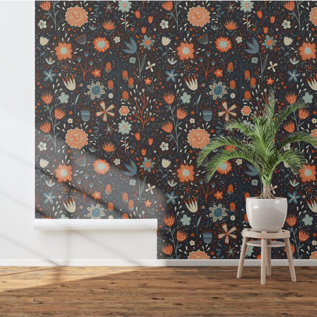 Dunkle Flora Moderne Wildblume Tapete (Dark wildflower art wallpaper)