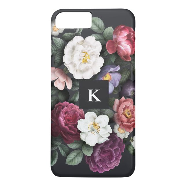 Dunkle Floral auf schwarz | Monogramm Case-Mate iPhone Hülle (Rückseite)