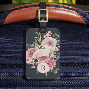 Dunkle Floral auf schwarz   Monogramm Gepäckanhänger