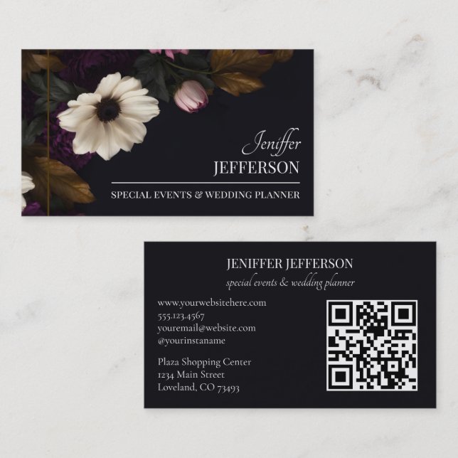 Dunkle Floral-Event-Hochzeitsplanerin Visitenkarte (Vorne/Hinten)
