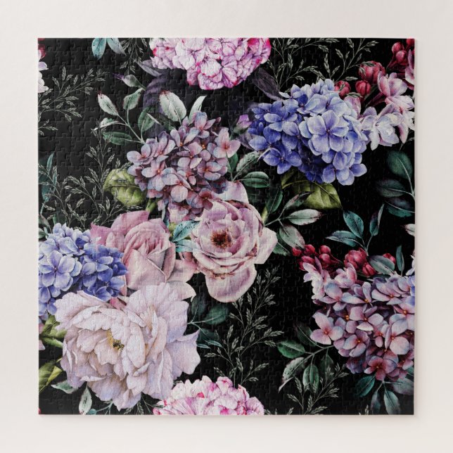 Dunkle Floral Wasserfarbe Nahtloses Design Puzzle (Vertikal)
