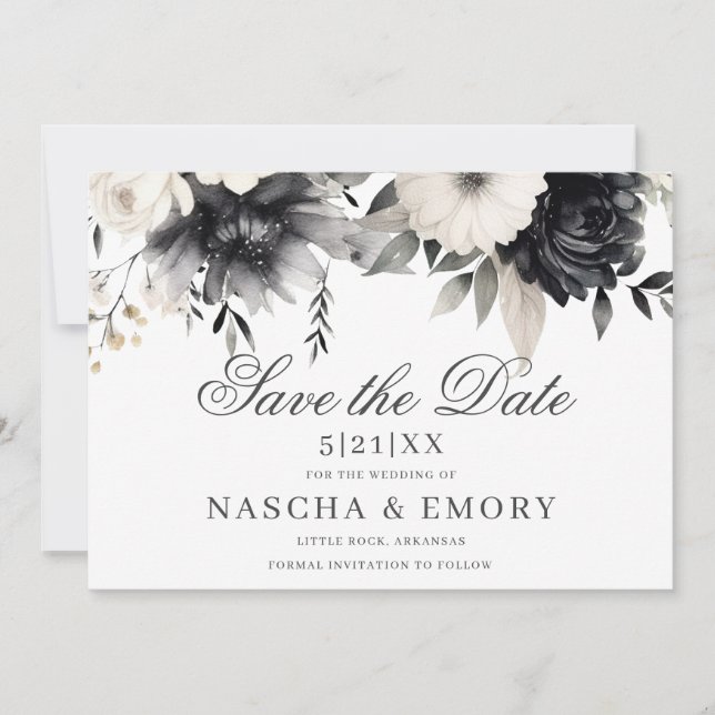 Dunkle Florale Boho Schwarze Creme Hochzeit Save The Date (Vorderseite)