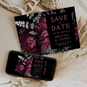 Dunkle florale Burgundy Silver Wedding Save the Da Einladung