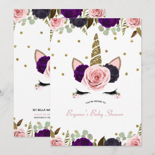 Dunkle Florale Glamour Gold Glitter Einhorn Babypa Einladung
