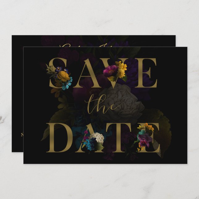 Dunkle florale Moody Mongram Wedding Save the Date Einladung (Vorne/Hinten)