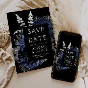 Dunkle Florale Navyblaue Silberne Hochzeit - Termi Einladung