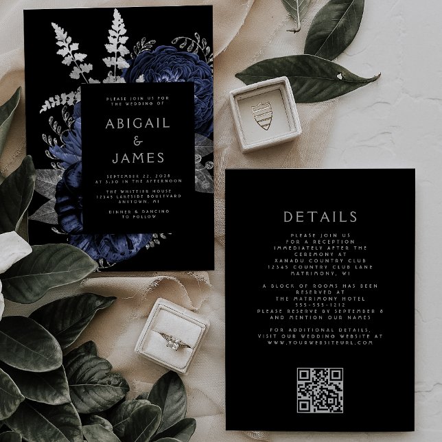 Dunkle Florale Navyblaue Silberne QR-Code-Hochzeit Einladung (Von Creator hochgeladen)