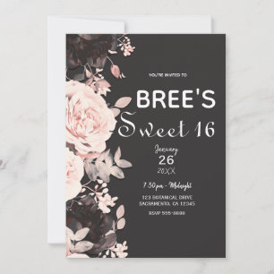 Dunkle Florale Röte Pink Holzkohle Grau Sweet 16 Einladung