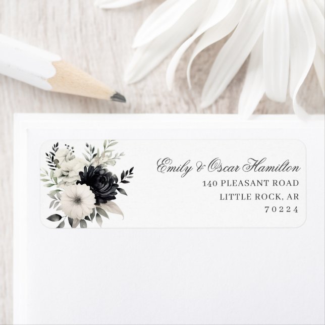 Dunkle Florale Schwarz & Creme Boho Rücksendeadres (Insitu)