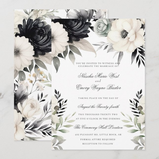Dunkle Florale Schwarze Creme Boho Hochzeit Einladung (Vorne/Hinten)