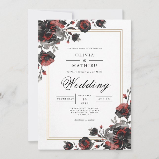 Dunkle Florrahmen Romance Wedding Einladung (Vorderseite)