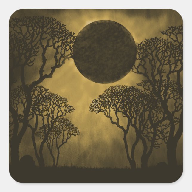 Dunkle Forest Eclipse Square Sticker, Golden Fores Quadratischer Aufkleber (Vorderseite)